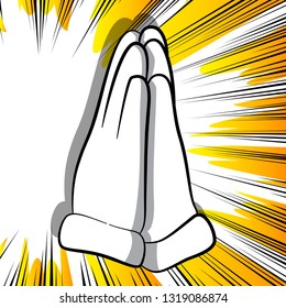 Vector cartoon praying hands. Illustrated hand sign on comic book background.