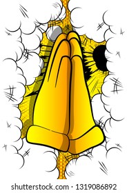Vector cartoon praying hands. Illustrated hand sign on comic book background.