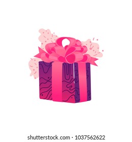 Vector cartoon present gift box with bright wrapping, elegant ribbon bow. Birthday anniversary party, new year christmas valentine xmas holiday decoration invatation greeting card design illustration