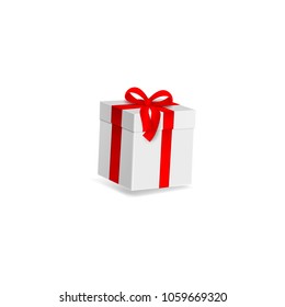 Vector cartoon present gift box white wrapping red elegant ribbon bow. Birthday anniversary party new year christmas valentine xmas holiday decoration invatation greeting card design illustration