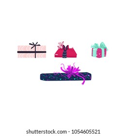 Vector cartoon present gift square box set. Bright wrapping, elegant ribbon bow. Birthday anniversary party, new year christmas valentine xmas holiday decoration invatation greeting card illustration