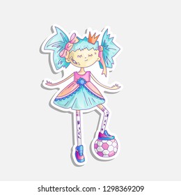 Vector cartoon princess illustration. Sassy girl princess with soccer ball and in cute fairy tail dress and crown. Cute princess sticker, feminism concept. Strong brave princess with soccer ball.