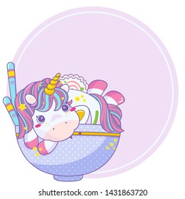 Vector cartoon print with kawaii unicorn sitting on ramen plate with lilac round frame. Anime style art, ramen, noodles, narutomaki, egg, chopsticks, onion and spice Asian food elements