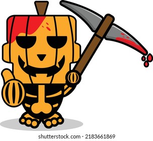 caricatura vectorial calabaza mascota personaje halloween lindo cráneo sujetando un pickaxe