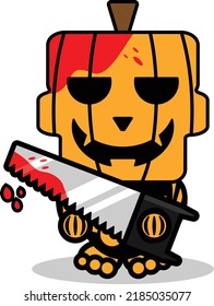 vector cartoon pumpkin mascot character halloween cute skull holding saw