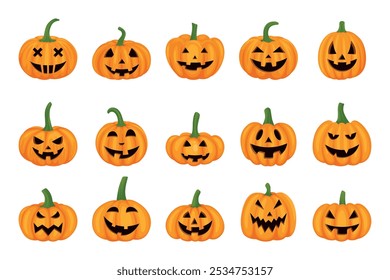 Vector Cartoon Pumpkins Collection with Carved Faces. Flat Colorful Pumpkin Stickers Set. Design Templates for Halloween, Fall, Harvest. Cute and Fun Simple Pumpkin Illustrations