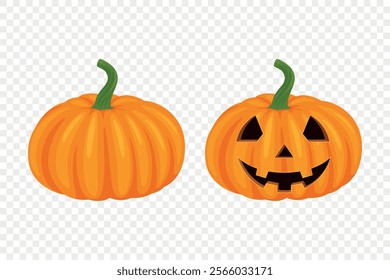 Vector Cartoon Pumpkins Collection with Carved Faces. Flat Colorful Pumpkin Stickers Set. Design Templates for Halloween, Fall, Harvest. Cute and Fun Simple Pumpkin Illustrations