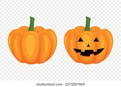 Vector Cartoon Pumpkins Collection with Carved Faces. Flat Colorful Pumpkin Stickers Set. Design Templates for Halloween, Fall, Harvest. Cute and Fun Simple Pumpkin Illustrations