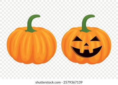 Vector Cartoon Pumpkins Collection with Carved Faces. Flat Colorful Pumpkin Stickers Set. Design Templates for Halloween, Fall, Harvest. Cute and Fun Simple Pumpkin Illustrations