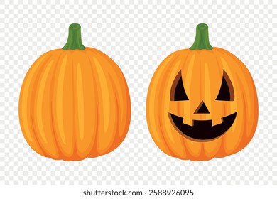 Vector Cartoon Pumpkins Collection with Carved Faces. Flat Colorful Pumpkin Stickers Set. Design Templates for Halloween, Fall, Harvest. Cute and Fun Simple Pumpkin Illustrations