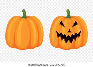 Vector Cartoon Pumpkins Collection with Carved Faces. Flat Colorful Pumpkin Stickers Set. Design Templates for Halloween, Fall, Harvest. Cute and Fun Simple Pumpkin Illustrations