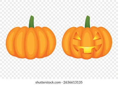 Vector Cartoon Pumpkins Collection with Carved Faces. Flat Colorful Pumpkin Stickers Set. Design Templates for Halloween, Fall, Harvest. Cute and Fun Simple Pumpkin Illustrations