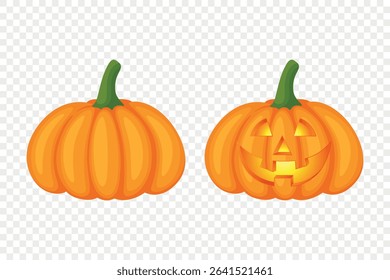 Vector Cartoon Pumpkins Collection with Carved Faces. Flat Colorful Pumpkin Stickers Set. Design Templates for Halloween, Fall, Harvest. Cute and Fun Simple Pumpkin Illustrations
