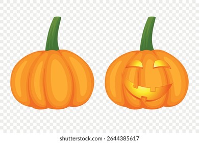 Vector Cartoon Pumpkins Collection with Carved Faces. Flat Colorful Pumpkin Stickers Set. Design Templates for Halloween, Fall, Harvest. Cute and Fun Simple Pumpkin Illustrations