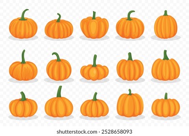 Coleção Vetor Cartoon Pumpkins. Conjunto de ícones de abóboras coloridas planas. Modelos para Halloween, outono, Colheita. Ilustrações simples de abóbora bonitas e divertidas