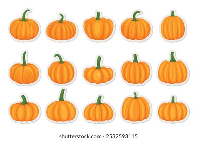 Coleção Vetor Cartoon Pumpkins. Conjunto de adesivos de abóbora colorido plano. Modelos para Halloween, outono, Colheita. Ilustrações simples de abóbora bonitas e divertidas