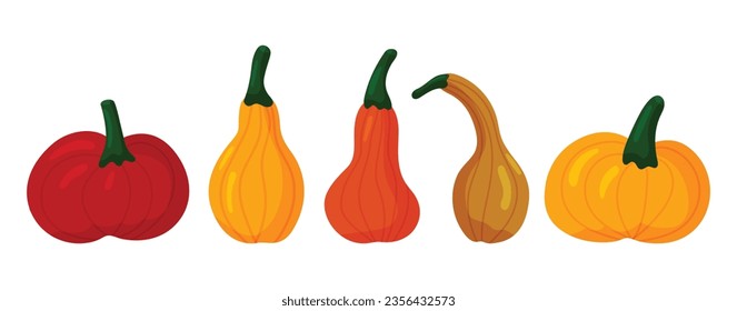 Calabazas de dibujos animados para vectores. Icono de la cosecha de otoño para el día de acción de gracias, colección de halloween aislada en fondo blanco.
