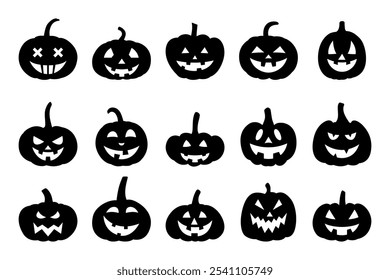 Vector Cartoon Pumpkins Silhouettes Collection with Carved Faces. Flat Colorful Pumpkin Stickers Set. Design Templates for Halloween, Fall, Harvest. Cute and Fun Simple Pumpkin Illustrations