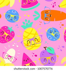 vector cartoon punchy pastel fruits in glasses pink seamless pattern