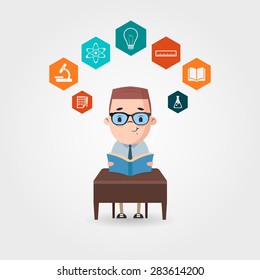 Vector Cartoon Pupil with Educational Icons Around His Head 