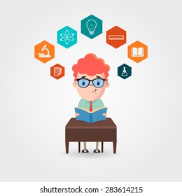 Vector Cartoon Pupil with Educational Icons Around His Head 