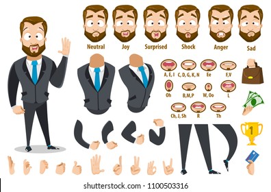 Vector cartoon puppet of strong bearded business man character constructor for animation and custom illustrations. Character creation set with various views, face emotions, lip sync and poses