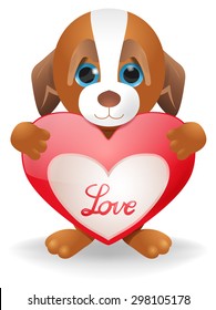 Vector Cartoon Puppy Holding Heart, Eps 10 Vector, Gradient Mesh and Transparency Used