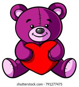 Vector Cartoon Purple Bear Hugging a Red Pillow Heart