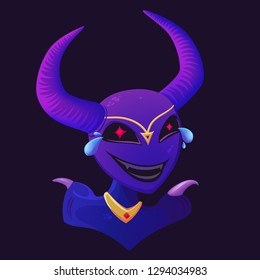 Vector cartoon purple demoness with cow horns and emotion of laughing with tears