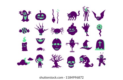 Vector Cartoon Purple And Green Halloween Elements Isolated