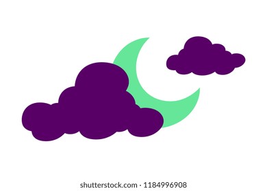 Vector Cartoon Purple And Green Moon And Clouds Icon Isolated