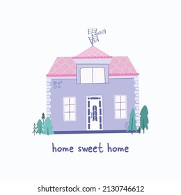 Vector cartoon purple house. Cute building. Child town illustration. Hand drawn flat vector illustration, isolated on white.