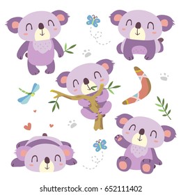 vector cartoon purple koala set