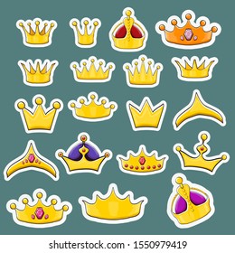 vector cartoon queen and king crowns sticker set isolated on grey background. doodle drawn crown collection