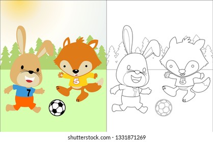Vector cartoon of rabbit and fox playing soccer on trees background, coloring book or page