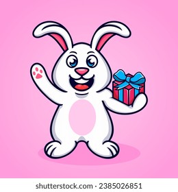 Vector cartoon rabbit with gift box fun funny cute cool