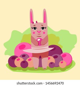 Vector cartoon rabbit holds in its paws a berry