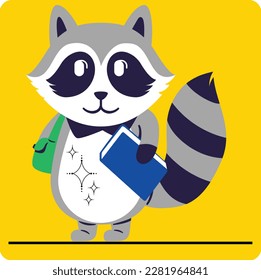 Vector cartoon raccoon in Book and holding a bag