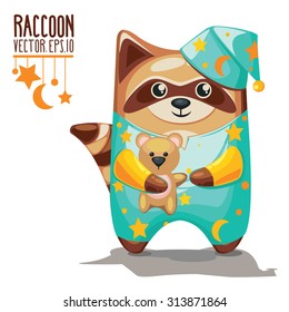 Vector Cartoon Raccoons.  
Card with cute raccoon in pajamas.