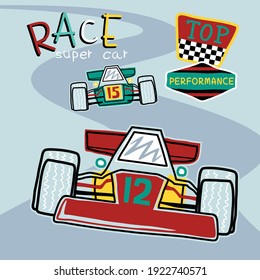 Caricatura vectorial del coche de carreras en la pista de carreras con símbolo de raza 