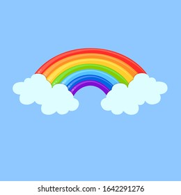 Vector cartoon raindow with clouds on a blue background. Cure illustration with sky elements. 