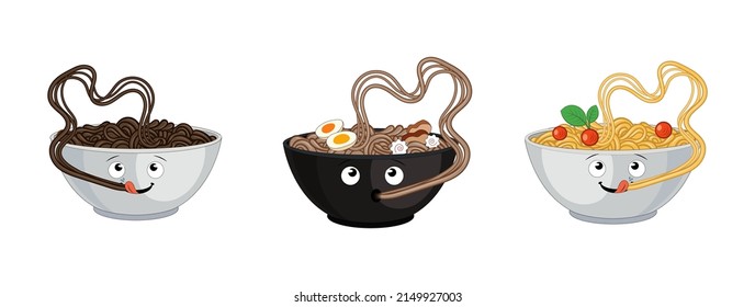 Vector Cartoon Ramen Funny Illustration Pasta Bowls Set, Noodles in a Bowl, Cute Illustration Isolated on White Background, Plate Eating Noodles.