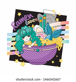 Vector cartoon ramen illustration in modern, black and neon rainbow colors. Perfect for logo, label template for food industry, Asian restaurant decoration
