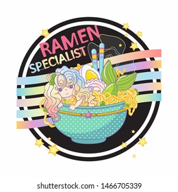 Vector cartoon ramen illustration in modern, black and neon rainbow colors. Perfect for logo, label template for food industry, Asian restaurant decoration. Mermaid and text “ramen specialist"