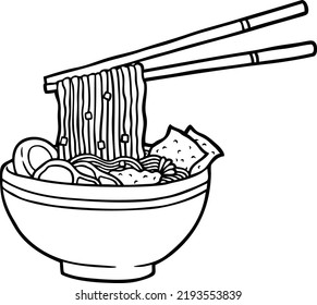 Vector Cartoon Ramen Noodles In Black Bowl With Chopsticks Line Art