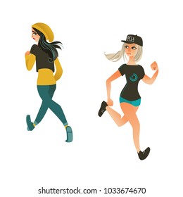 Vector cartoon ranaway people set. Sportive girls, female characters in athletic casual clothing running with afraid face looking back. Isolated illustration on a white background