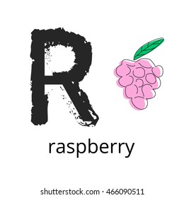 Vector cartoon of raspberry FRUIT and letter R. Hand drawn style letter with fruit illustration for kids. Educational poster for school, preschool and home for children  on white background
