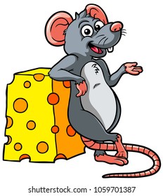 Vector cartoon rat standing with cheese on the side