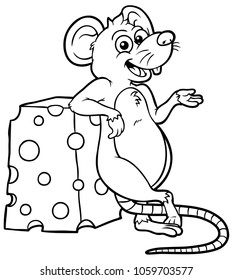 Vector cartoon rat standing with cheese on the side
