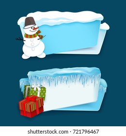 vector cartoon realistic white, blue winter empty banner templates wit snow caps, icicles and christmas new year holidays symbols - snowman, present boxes set. Illustration on grey background.